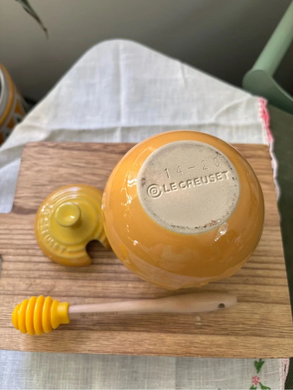 Le Creuset Discontinued Yellow Ceramic Honey Pot with Wooden Dipper